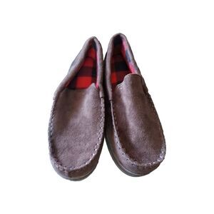 Men's Small (7/8) Brown Slippers Fuzzy Red Black Plaid Insole Moccasin Slip On